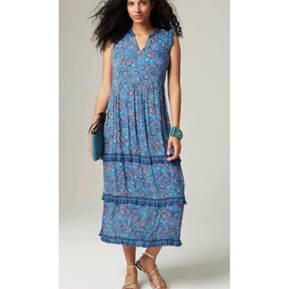 J.Jill Blue Paisley Tiered Ruffle Midi Dress Sleeveless V-Neck Petite‎ Medium - Picture 2 of 7